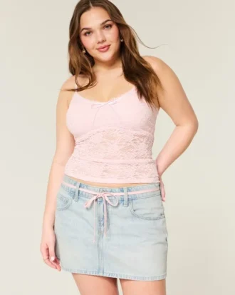 Açık Renk Yıkama Ayakkabı Bağcığı Denim Mini Etek