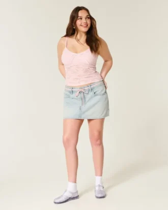 Açık Renk Yıkama Ayakkabı Bağcığı Denim Mini Etek
