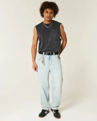 Açık Renkli Oyun Kartı Desenli Skater Baggy Kot Pantolon
