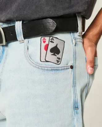 Açık Renkli Oyun Kartı Desenli Skater Baggy Kot Pantolon