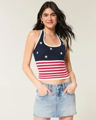 Amerikan Bayrağı Desenli Kroşe Stil Halter Üst