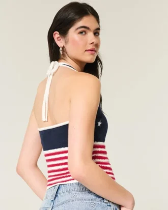 Amerikan Bayrağı Desenli Kroşe Stil Halter Üst