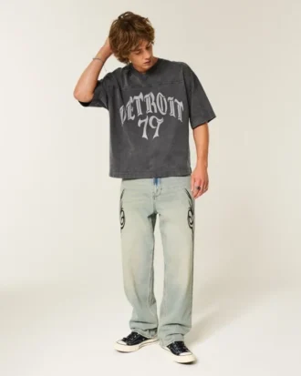 Ağır Baggy Crop Detroit Grafik Futbol Tişörtü