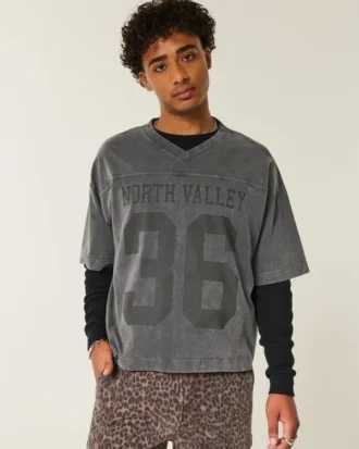 Ağır Baggy Crop Varsity Grafik Futbol Tişörtü