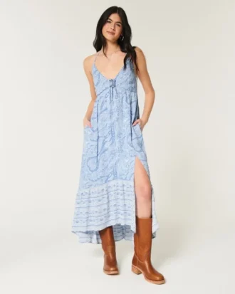 Asimetrik Etek Ucu Halter Maxi Elbise