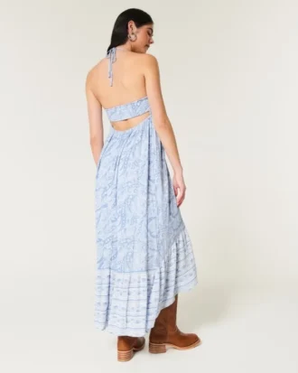 Asimetrik Etek Ucu Halter Maxi Elbise