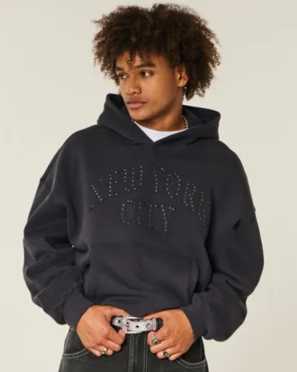 Baggy Cinch Çivili New York City Grafik Kapüşonlu Sweatshirt