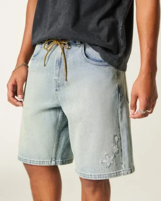 Baggy Nakışlı Yıldız Denim Şort