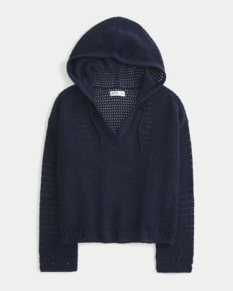 Beachy Kroşe Stil Kapüşonlu V Yaka Kazak