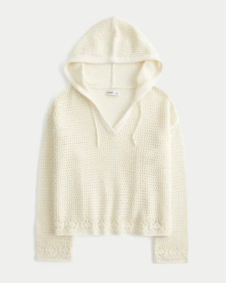 Beachy Kroşe Stil Kapüşonlu V Yaka Kazak