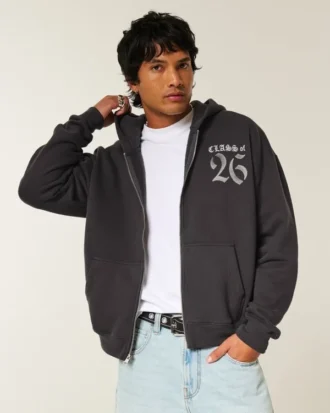 Boxy Class of 26 Grafik Fermuarlı Kapüşonlu Sweatshirt