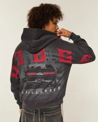 Boxy Dodge Challenger Grafik Kapüşonlu Sweatshirt