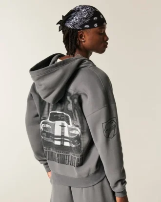 Boxy Dodge Viper Grafik Fermuarlı Kapüşonlu Sweatshirt