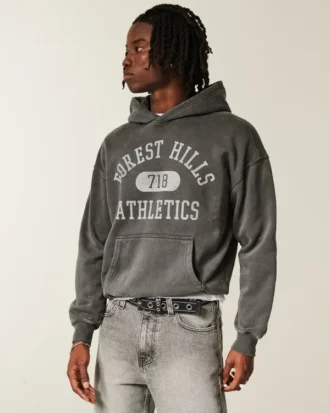Boxy Forest Hills Athletics Grafik Kapüşonlu Sweatshirt