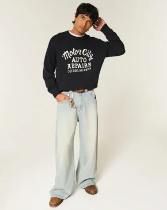 Boxy Motor City Auto Repairs Grafikli Crew Sweater