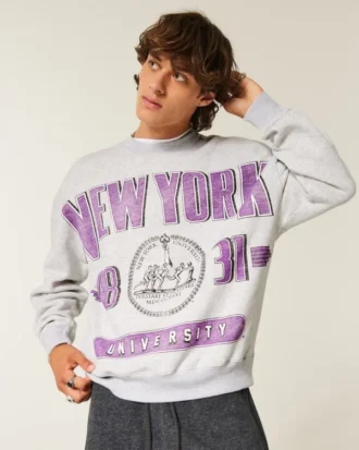 Boxy New York Üniversitesi Menekşe Desenli Grafikli Sweatshirt