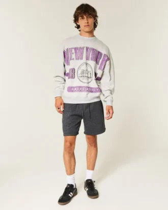 Boxy New York Üniversitesi Menekşe Desenli Grafikli Sweatshirt