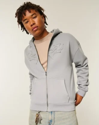 Boxy Star Flame Grafik Fermuarlı Kapüşonlu Sweatshirt