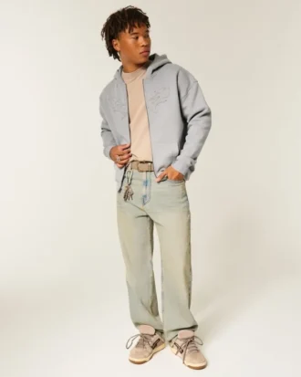 Boxy Star Flame Grafik Fermuarlı Kapüşonlu Sweatshirt