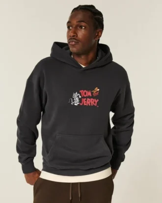 Boxy Tom ve Jerry Grafik Kapüşonlu Sweatshirt