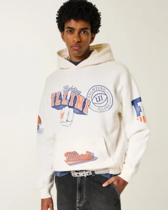 Boxy University of Illinois Fighting Illini Grafik Kapüşonlu Sweatshirt