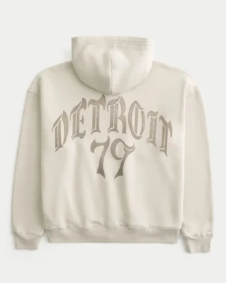 Boxy Zip-Up Detroit 79 Grafik Kapüşonlu Sweatshirt
