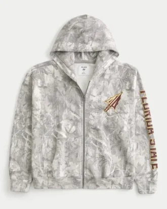 Boxy Zip-Up Florida State University Grafik Kamuflaj Kapüşonlu Sweatshirt