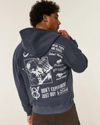 Boxy Zip-Up Ford Grafik Kapüşonlu Sweatshirt