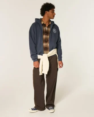 Boxy Zip-Up Ford Grafik Kapüşonlu Sweatshirt