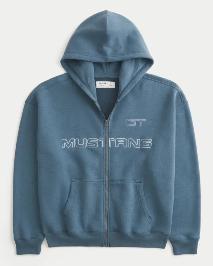 Boxy Zip-Up Ford Mustang Grafik Kapüşonlu Sweatshirt