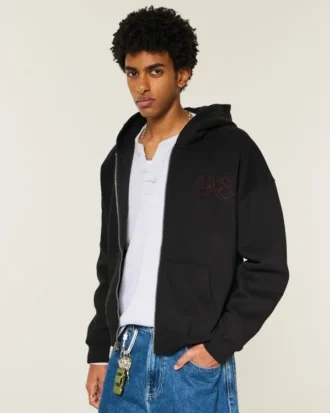 Boxy Zip-Up Good Luck Grafik Kapüşonlu Sweatshirt