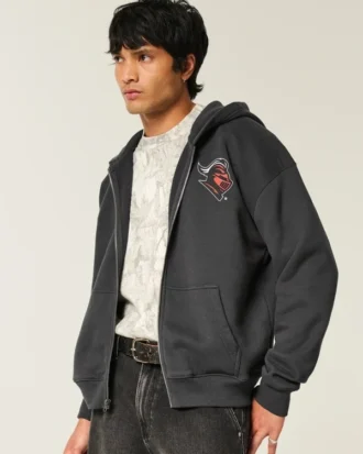 Boxy Zip-Up Rutgers Üniversitesi Grafik Kapüşonlu Sweatshirt