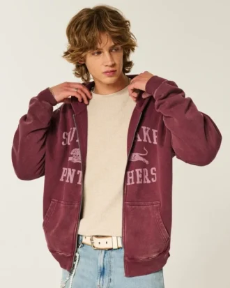 Boxy Zip-Up South Lake Panthers Grafik Kapüşonlu Sweatshirt