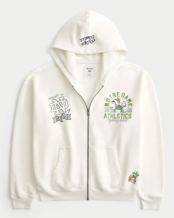 Boxy Zip-Up University of Notre Dame Fighting Irish Grafik Kapüşonlu Sweatshirt
