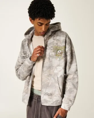 Boxy Zip-Up University of Oregon Ducks Grafik Kamuflaj Kapüşonlu Sweatshirt