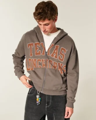 Boxy Zip-Up University of Texas at Austin Longhorns Grafik Kapüşonlu Sweatshirt