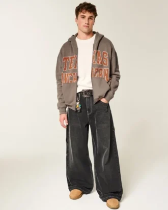 Boxy Zip-Up University of Texas at Austin Longhorns Grafik Kapüşonlu Sweatshirt