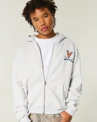 Boxy Zip-Up University of Virginia Grafik Kapüşonlu Sweatshirt