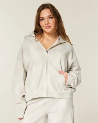 Büyük Boy Geyik Desenli Fermuarlı Kapüşonlu Sweatshirt
