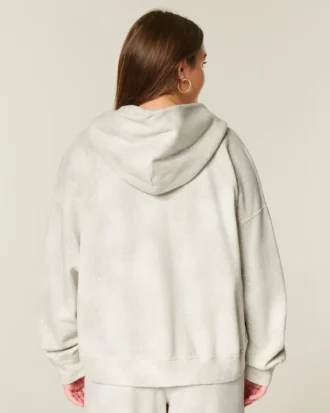 Büyük Boy Geyik Desenli Fermuarlı Kapüşonlu Sweatshirt
