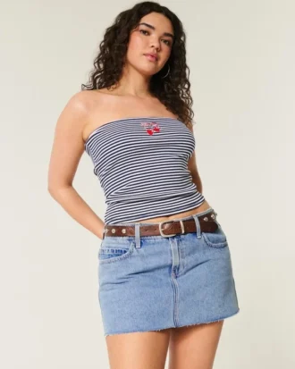 Curvy Düşük Bel Orta Yıkama Denim Mini Etek