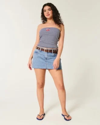 Curvy Düşük Bel Orta Yıkama Denim Mini Etek