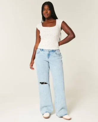 Curvy Düşük Bel Yırtık Açık Renkli Bol Kot Pantolon