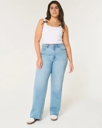 Curvy Ultra Yüksek Bel Orta Yıkama Bol Paça Kot Pantolon