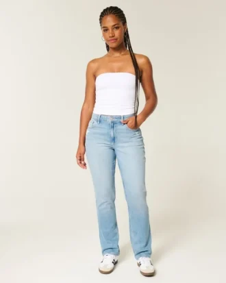 Curvy Yüksek Bel Yıpranmış Açık Renk Düz Paça Kot Pantolon