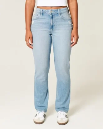 Curvy Yüksek Bel Yıpranmış Açık Renk Düz Paça Kot Pantolon