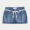 Dantel Bağcıklı Denim Mini Etek