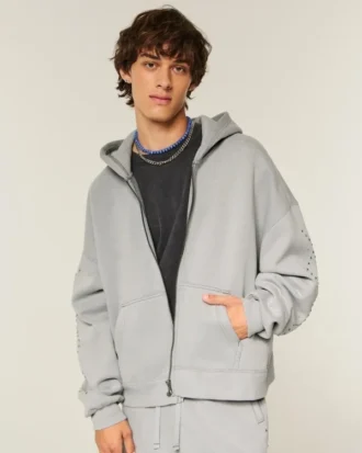 Dikdörtgen Kesim Çivili Fermuarlı Kapüşonlu Sweatshirt