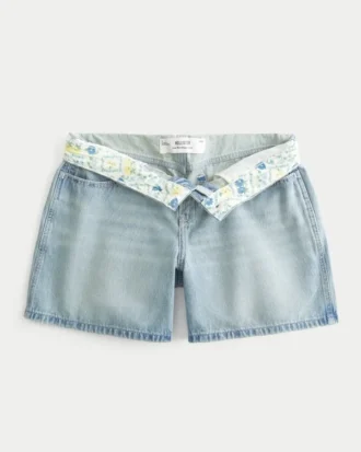 Düşük Bel Açık Renkli Katlamalı Bel Bol Denim Şort 5″