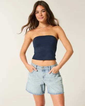 Düşük Bel Açık Renkli Katlamalı Bel Bol Denim Şort 5″